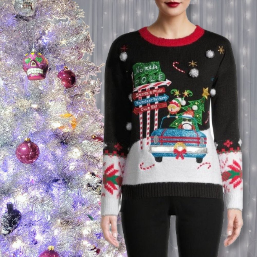 "South Pole" Santa & Elf Ride Bling Ugly Christmas Sweater Crew Neck NWT